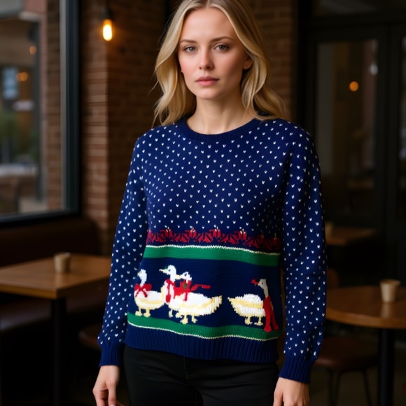Vtg 90s Karen Scott Knit Sweater Pullover Sz Medium Geese Grandma Country Blue - Picture 1 of 6